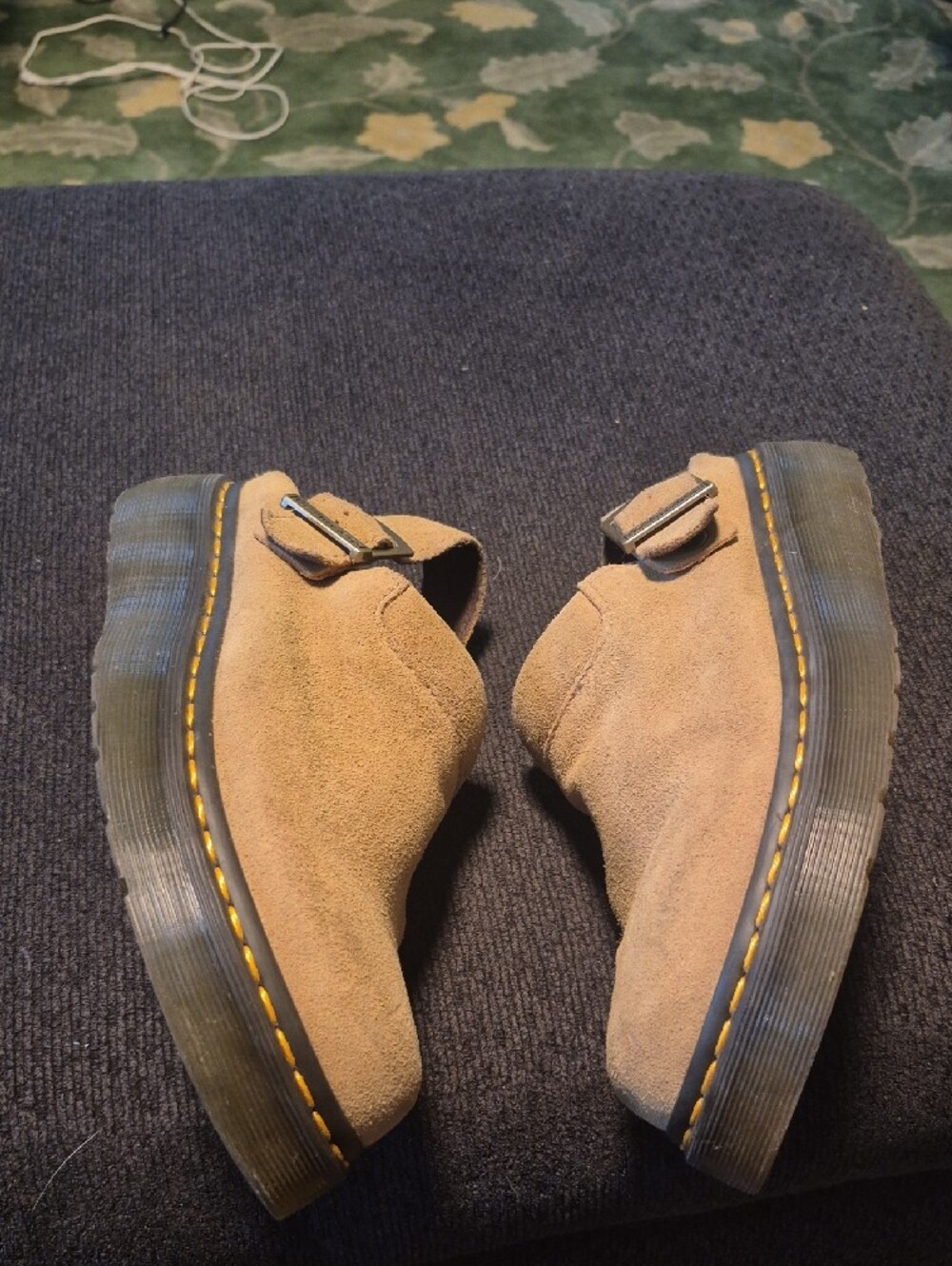 Dr. Martens Tan Suede Slingback Mules with Yellow Stitching - Picture 3 of 15